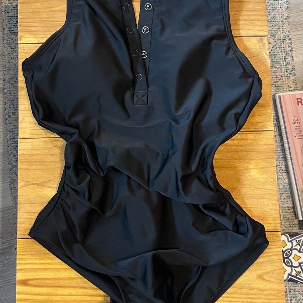 Kona Sol Black One-Piece Swimsuit with Snap Front and Open Back